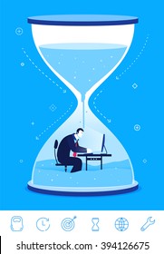 Flat design vector concept illustration. timeline deadline. Businessman sitting in the hourglass.  Vector clipart. Icons set.