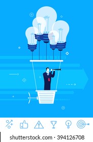 Flat design vector concept illustration. Businessman holding the right course. Businessman flying in a balloon with lamps of ideas. Vector clipart. Icons set.