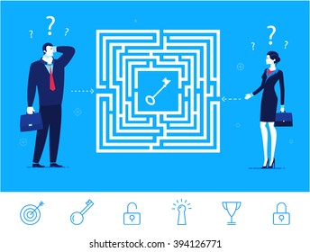 Flat design vector concept illustration. Teamwork. Businessman and businesswoman thinking how to pass the maze and get the key. Choose the right path. Vector clipart. Icons set.