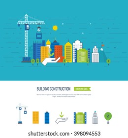 Flat design vector concept illustration with icons of building construction and urban landscape. Real estate concept illustration. Cityscape background. Color line icons