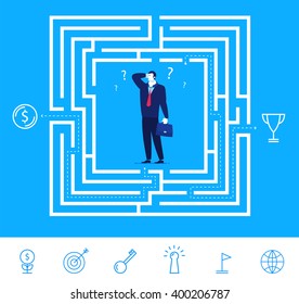 Flat design vector concept illustration. Businessman thinking how to pass the maze and get the money or cup. Choose the right path. Vector clipart. Icons set.
