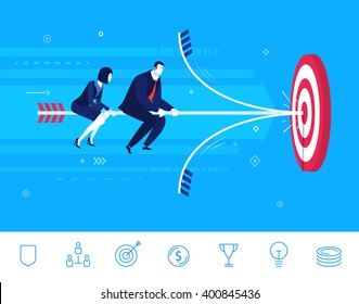 Flat design vector concept illustration. Teamwork. businessman and businesswoman hit the target. Choose the right path. Vector clipart. Icons set.