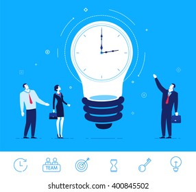 Flat design vector concept illustration. Businesspeople are standing around the clock lamp. Time is money. Ideas generator. Vector clipart. Icons set.