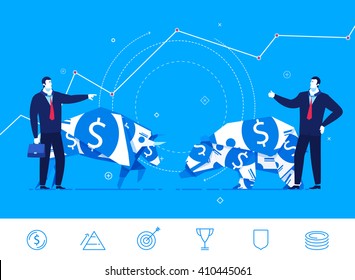 Flat design vector concept illustration. The confrontation of the two sides. Bull and bear standing next to businessmen. Vector clipart. Icons set.