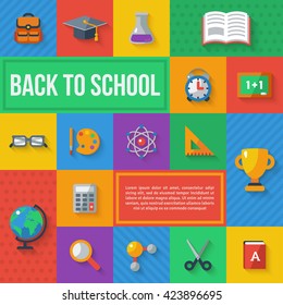Flat design vector concept illustration with back to school icons. Education symbols in squares. Arts and Science Objects.