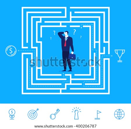 Flat design vector concept illustration. Businessman thinking how to pass the maze and get the money or cup. Choose the right path. Vector clipart. Icons set.