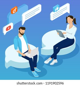 Flat design vector concept for mobile social network connections, e-mail marketing, people chatting,. Testimonials concept with  young  people making social network comments. 