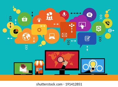 Flat design vector concept network marketing. Smartphone, tablet, laptop, monitor surrounded interface icons, speech bubbles and clouds. File is saved in AI10 EPS version.  