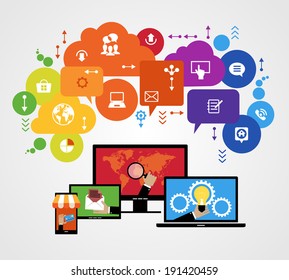 Flat design vector concept network marketing. Smartphone, tablet, laptop, monitor surrounded interface icons, speech bubbles and clouds. File is saved in AI10 EPS version. 