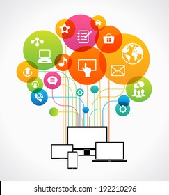 Flat design vector concept network communication. Smartphone, tablet, laptop, monitor surrounded interface icons and abstract network as a tree. File is saved in AI10 EPS version. 