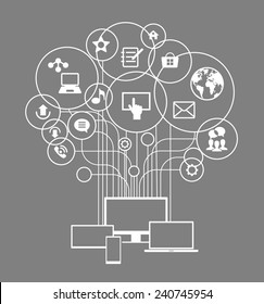 Flat design vector concept network communication. Smartphone, tablet, laptop, monitor surrounded interface icons and abstract network as a tree.