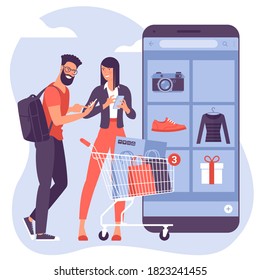 Flat design vector concept for online and mobile shopping. Easy to use and highly customizable. Young man and woman are shopping online using mobile app.
