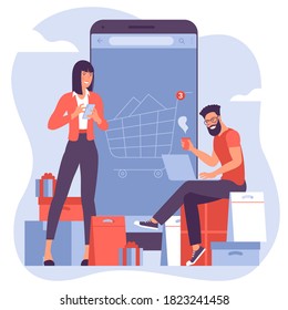 Flat design vector concept for online and mobile shopping. Easy to use and highly customizable. Young man and woman are shopping online using mobile app.