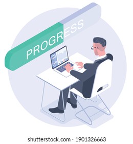 Flat design vector concept of the progress bar of the working process application and program. Employee looking at computer monitor during working day in office.