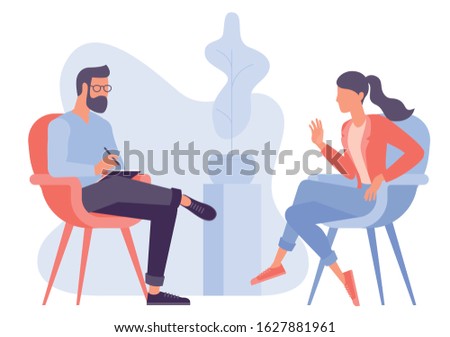 Flat design vector concept for psychotherapy session. Patient with psychologist, psychotherapist office. Psychiatrist session in mental health clinic.