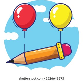 Flat design vector concept of two flying balloons with pencil and one of the balloons string were broken.