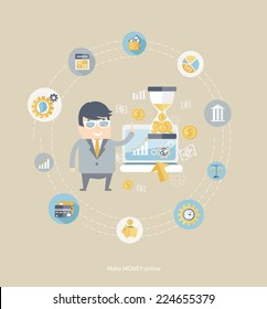 Flat design vector concepts for business, finance, make money with business man,  financial icons and dollar symbols