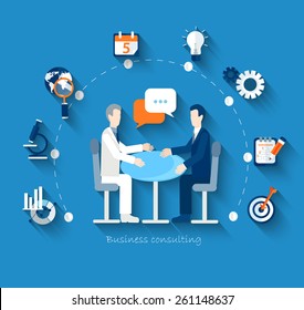 Flat design vector concepts for business, finance, strategic management, investment, natural resources, consulting, teamwork, great idea. Businessmen conduct negotiations at a table.