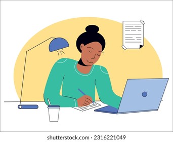 Flat design vector concepts of education, online course and training. Work at home. The student is sitting at the table near the laptop. Vector illustration