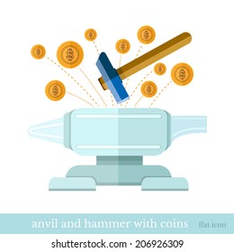 Flat design vector concepts icon of finance and business hammer has an anvil and coin cut out