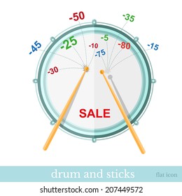 Flat design vector concepts icon of finance and business,sticks hit drum and discounts fly out 