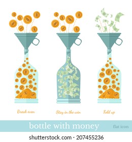 Flat design vector concepts icon of finance and business,coins fall through the funnel into the bottle