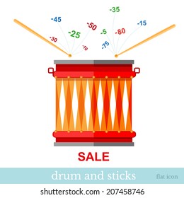 Flat design vector concepts icon of finance and business,sticks hit drum and discounts fly out 