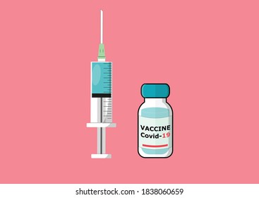 Vector de diseño plano de la vacuna Coronavirus con jeringa del laboratorio médico está listo para su uso con el paciente