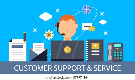 Flat Design Vector Of Customer Service, Support, After Sales Service, Customer Inquiry And Feedback Isolated On Blue Background