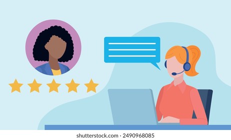 Flat design vector. Customer support worker in headset is having conversation with client. Client is giving five star review of support.