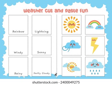 flat design vector cut paste and glue weather education printable worksheet for kids activity