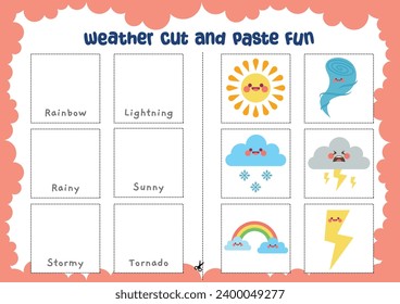 flat design vector cut paste and glue weather education printable worksheet for kids activity