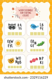 flat design vector cute color word scramble english learning activity printable for kids