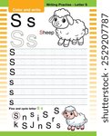 flat design vector cute colorful alphabet learns ABC English flashcard printable for kids activity, Letter S, Coloring animal cartoon, A-Z letter writing practice, Sheep cartoon.