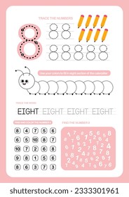 flat design vector cute colorful flashcards number tracing printable for kids activity