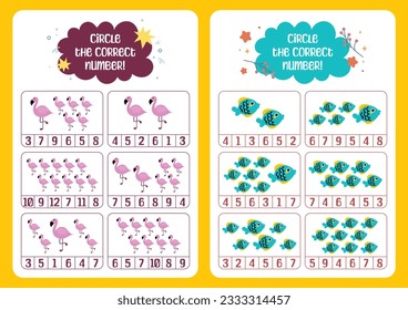 vector de diseño plano lindo colorido encontrar el número correcto de recuento para la actividad infantil imprimible