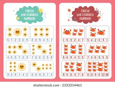 flat design vector cute colorful find the correct number counting for kids activity printable