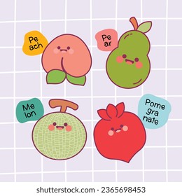 Flaches design, Vektorgrafik süß-bunte kawaii-Früchte handgezeichnet Illustrationssammlung