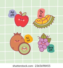 flat design vector cute colorful kawaii fruit hand drawn illustration collection set