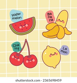 flat design vector cute colorful kawaii fruit hand drawn illustration collection set