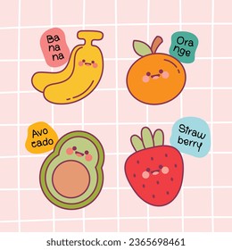 flat design vector cute colorful kawaii fruit hand drawn illustration collection set