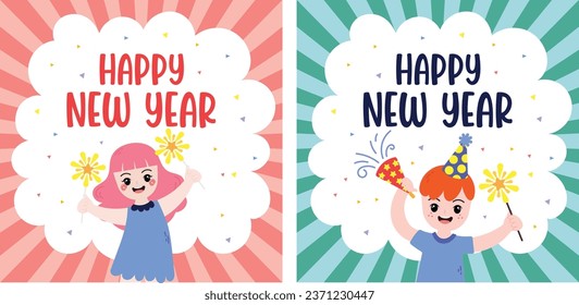 flat design vector cute colorful happy new year 1 january celebration illustration