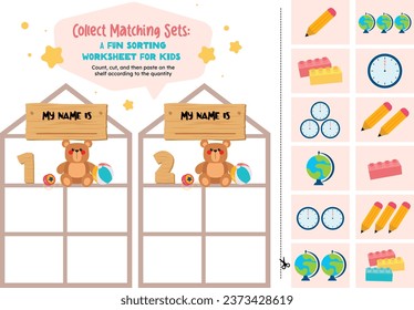 flat design vector cute colorful cut paste glue counting game printable worksheet for kids activity