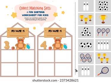 flat design vector cute colorful cut paste glue counting game printable worksheet for kids activity
