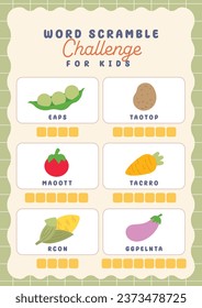 flat design vector cute colorful vegetable word scramble printable worksheet for kids activity