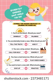 flat design vector cute colorful decision making printable worksheet for kids activity