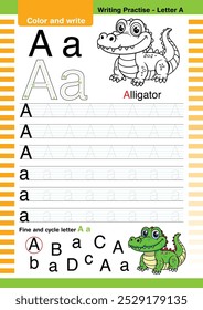 vetor de design plano alfabeto colorido bonito aprender ABC Inglês flashcard imprimível para a atividade das crianças, Letra A, Colorir desenhos animados animais, A-Z carta escrita prática, Alligator cartoon