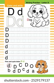 Vector de diseño plano lindo alfabeto colorido aprende ABC Inglés flashcard imprimible para la actividad de los niños, Letra D, Dibujos animados de animales para colorear, A-Z letra de escritura práctica, dibujos animados de perros.