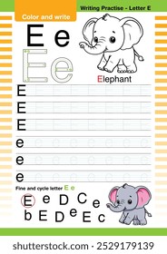 vetor de design plano alfabeto colorido bonito aprender ABC Inglês flashcard imprimível para a atividade das crianças, Letra E, Colorir desenhos animados animais, A-Z carta escrita prática, Elefante cartoon