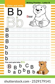 vetor de design plano alfabeto colorido bonito aprender ABC Inglês flashcard imprimível para a atividade das crianças, Letra B, colorir desenhos animados animais, A-Z carta escrita prática, Urso cartoon